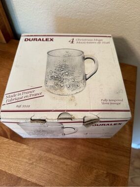 Vintage Duralex France Christmas Tree Glass
Mug Set 4 Holiday Cups w/ Box